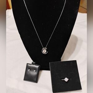 AU750 / .925 Silver Set - 18k P. Silver 1ct Necklace, .5ct Ring, & Earrings